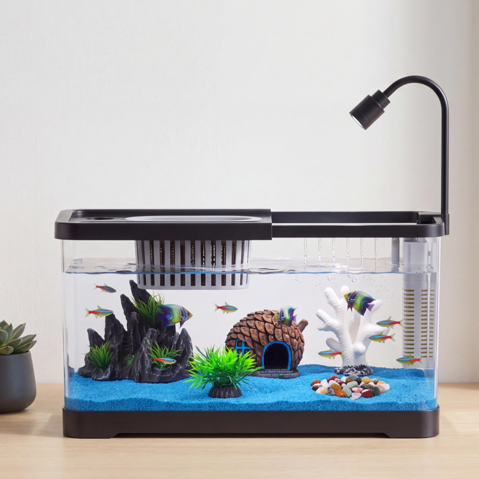 Betta Fish Tank - Aquarium-Starter-Set mit Filter und Beleuchtung, Kunststoff-Aquarium